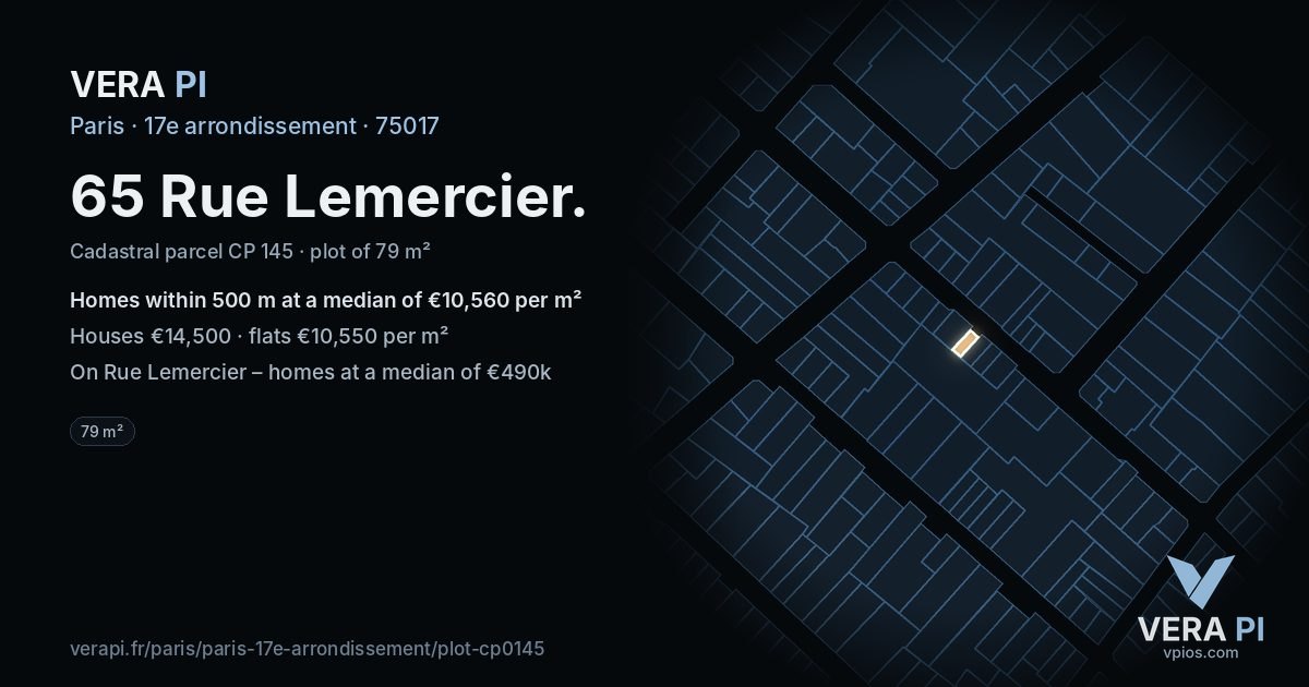 65 Rue Lemercier, 17e arrondissement at night – the plot lit, the parcels around coloured by the prices near them