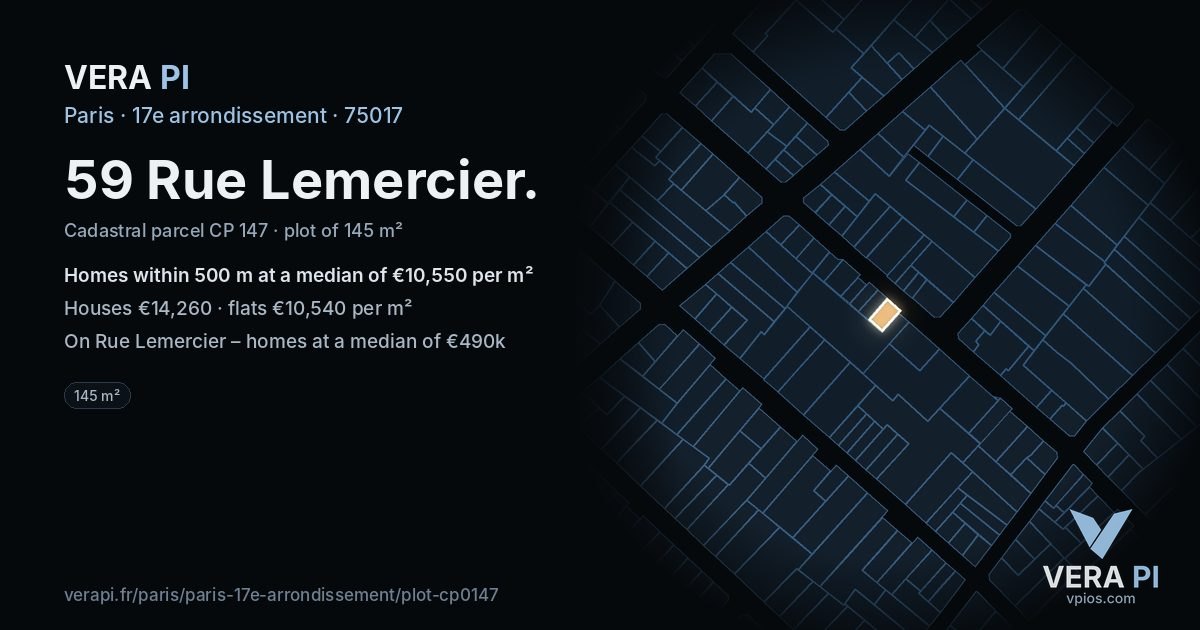 59 Rue Lemercier, 17e arrondissement at night – the plot lit, the parcels around coloured by the prices near them