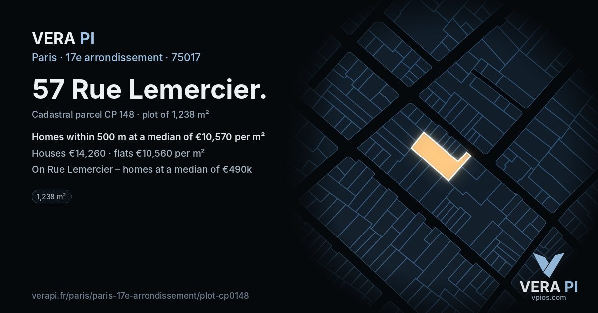 57 Rue Lemercier, 17e arrondissement at night – the plot lit, the parcels around coloured by the prices near them