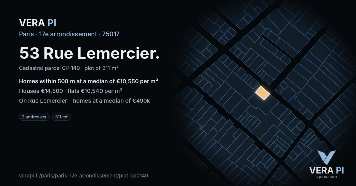 53 Rue Lemercier, 17e arrondissement at night – the plot lit, the parcels around coloured by the prices near them
