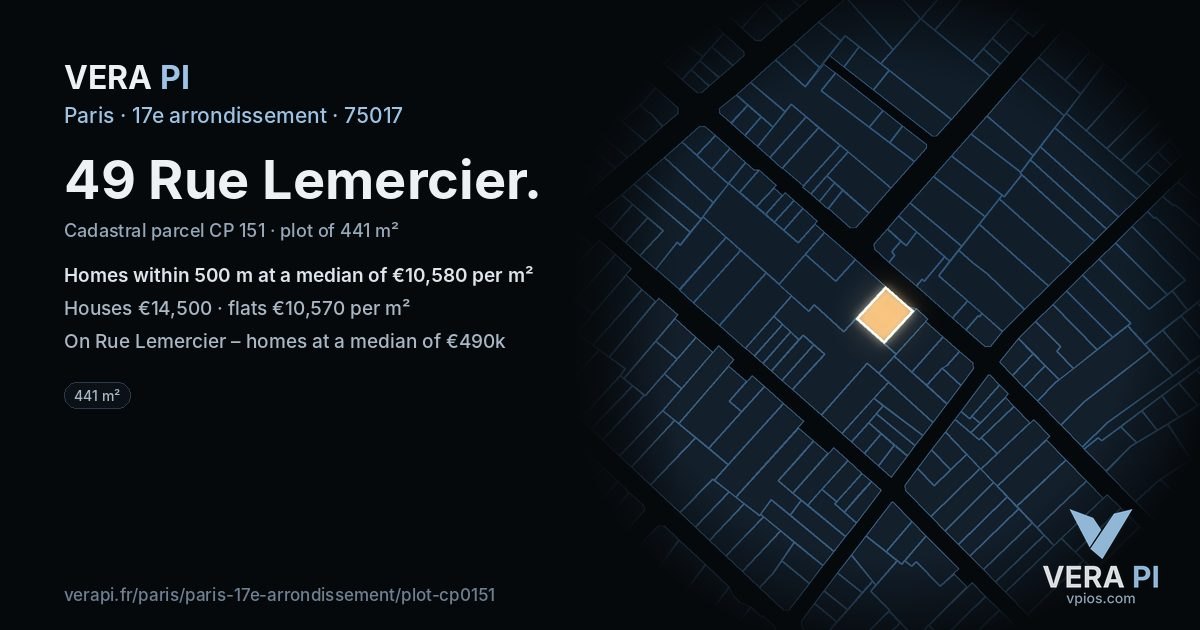 49 Rue Lemercier, 17e arrondissement at night – the plot lit, the parcels around coloured by the prices near them