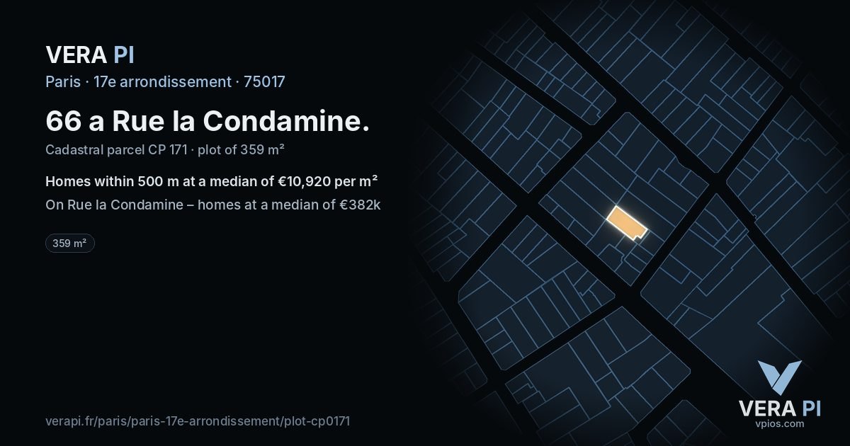 66 a Rue la Condamine, 17e arrondissement at night – the plot lit, the parcels around coloured by the prices near them