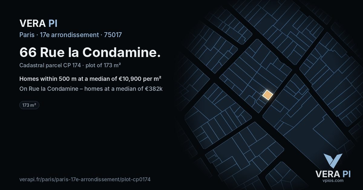 66 Rue la Condamine, 17e arrondissement at night – the plot lit, the parcels around coloured by the prices near them