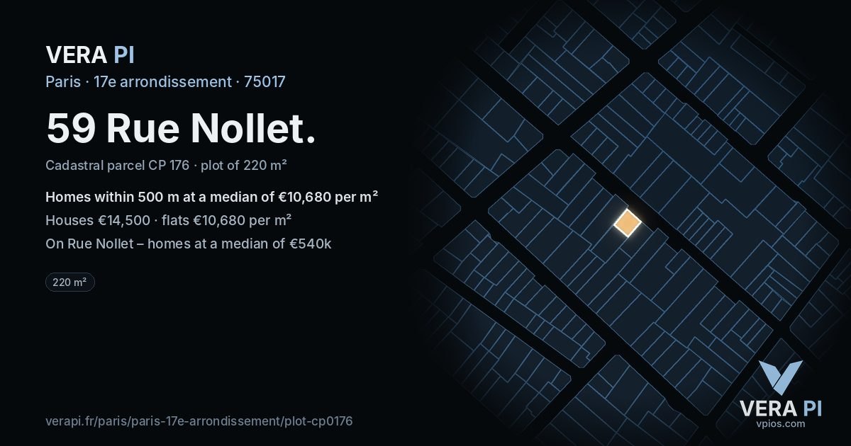 59 Rue Nollet, 17e arrondissement at night – the plot lit, the parcels around coloured by the prices near them