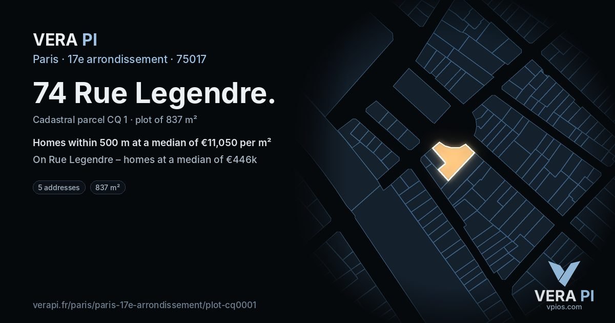 74 Rue Legendre, 17e arrondissement at night – the plot lit, the parcels around coloured by the prices near them