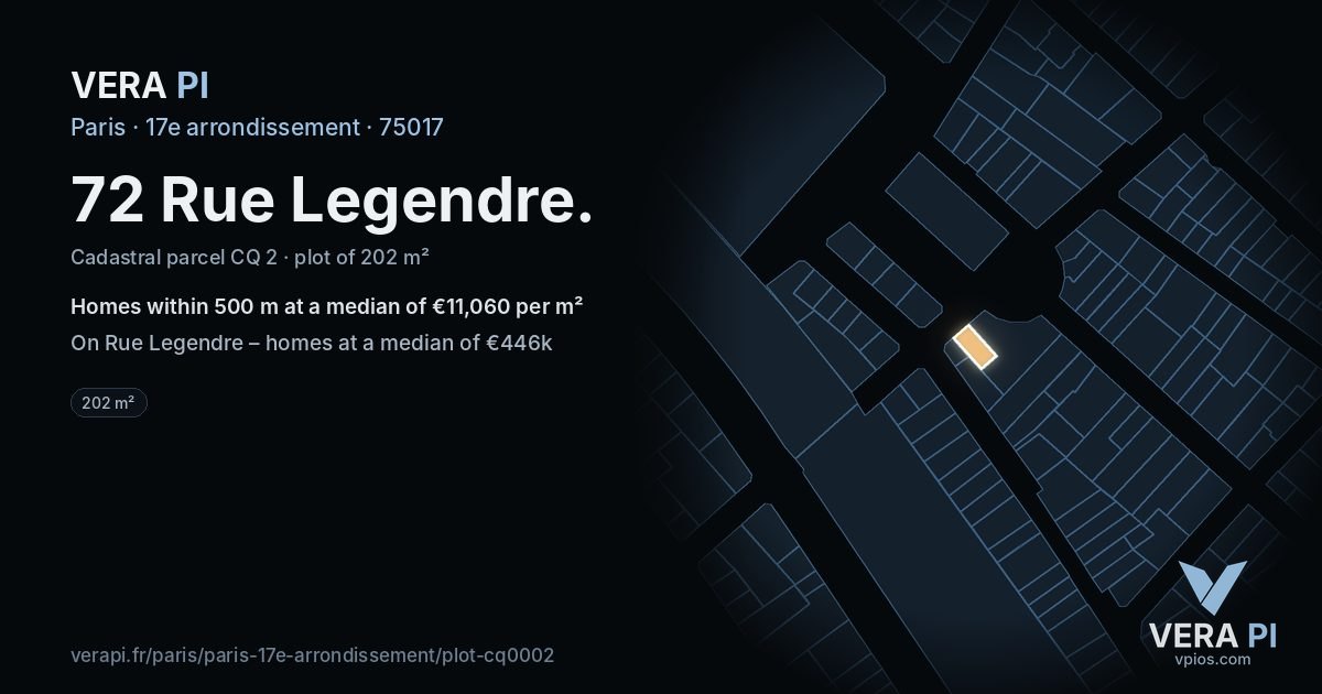 72 Rue Legendre, 17e arrondissement at night – the plot lit, the parcels around coloured by the prices near them