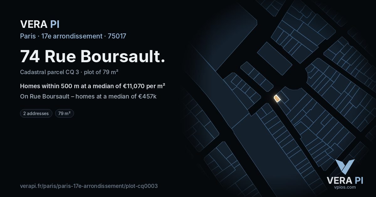 74 Rue Boursault, 17e arrondissement at night – the plot lit, the parcels around coloured by the prices near them