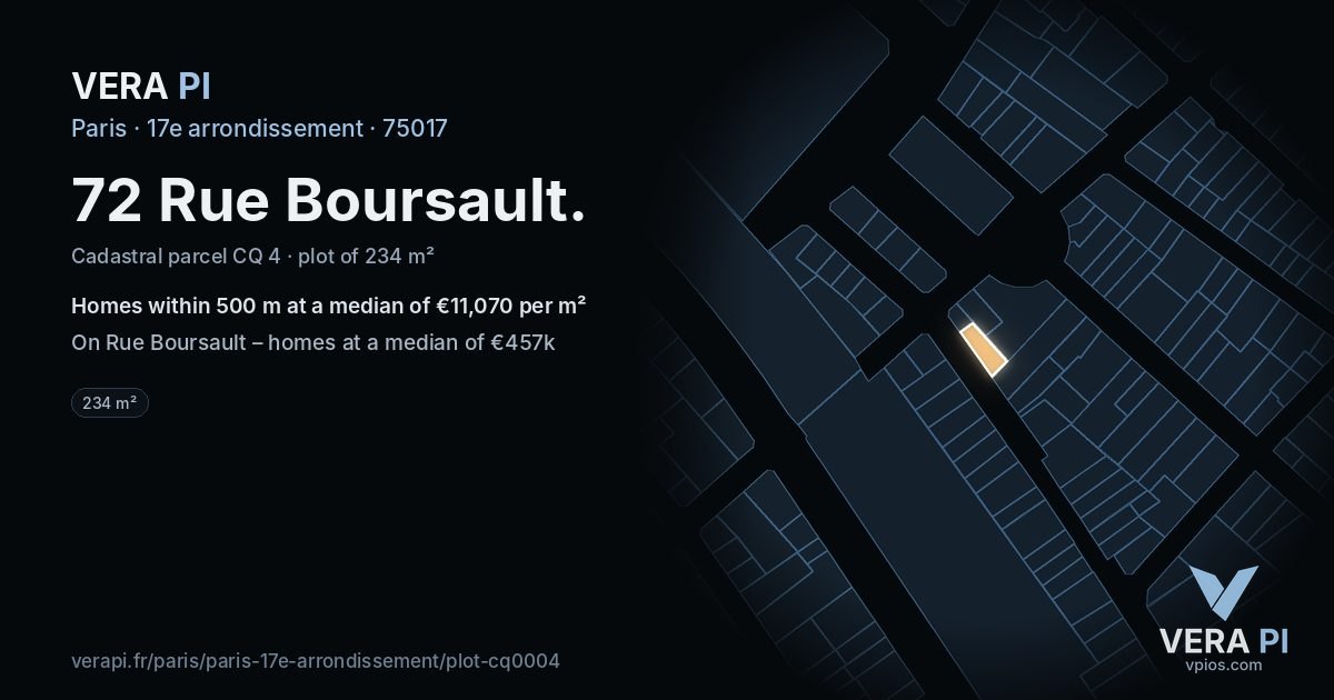 72 Rue Boursault, 17e arrondissement at night – the plot lit, the parcels around coloured by the prices near them