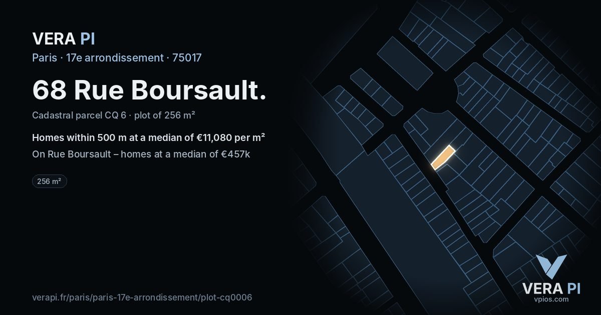 68 Rue Boursault, 17e arrondissement at night – the plot lit, the parcels around coloured by the prices near them