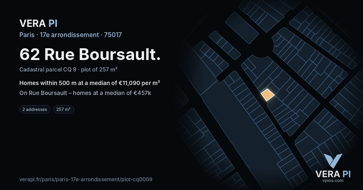 62 Rue Boursault, 17e arrondissement at night – the plot lit, the parcels around coloured by the prices near them