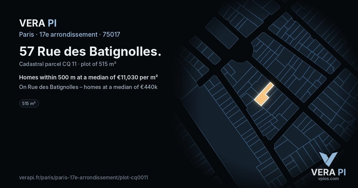 57 Rue des Batignolles, 17e arrondissement at night – the plot lit, the parcels around coloured by the prices near them