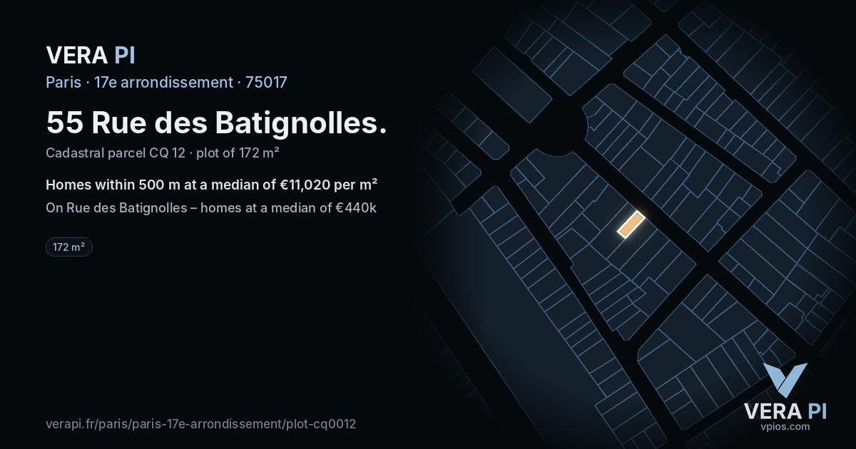 55 Rue des Batignolles, 17e arrondissement at night – the plot lit, the parcels around coloured by the prices near them