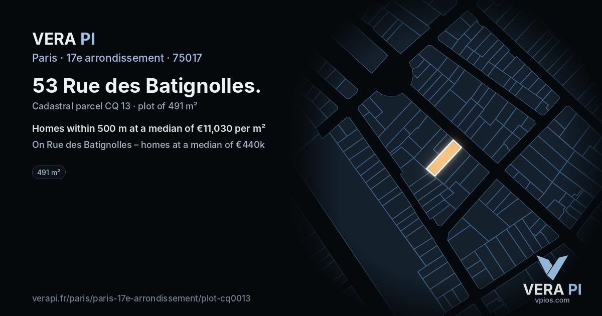 53 Rue des Batignolles, 17e arrondissement at night – the plot lit, the parcels around coloured by the prices near them