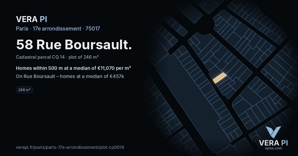58 Rue Boursault, 17e arrondissement at night – the plot lit, the parcels around coloured by the prices near them