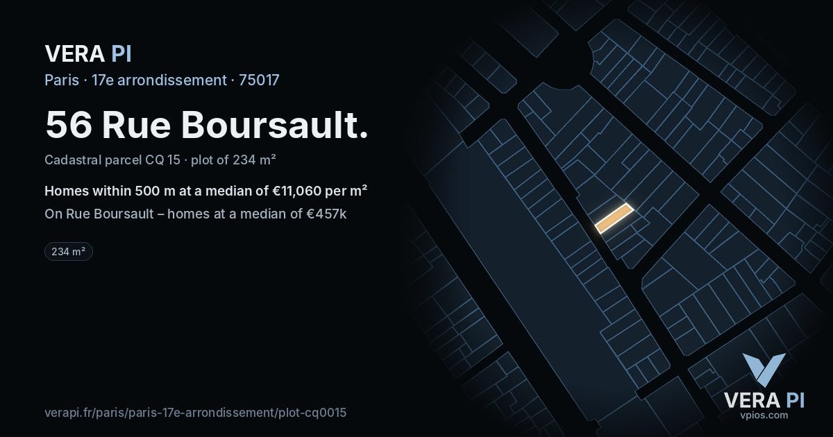 56 Rue Boursault, 17e arrondissement at night – the plot lit, the parcels around coloured by the prices near them
