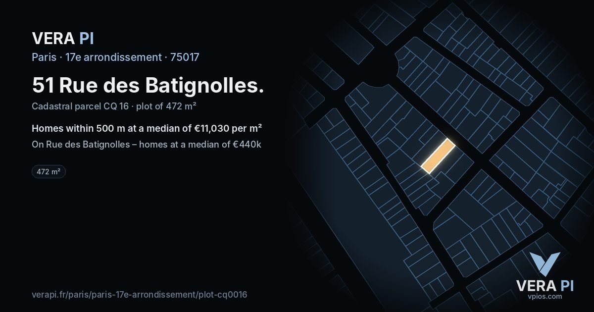 51 Rue des Batignolles, 17e arrondissement at night – the plot lit, the parcels around coloured by the prices near them