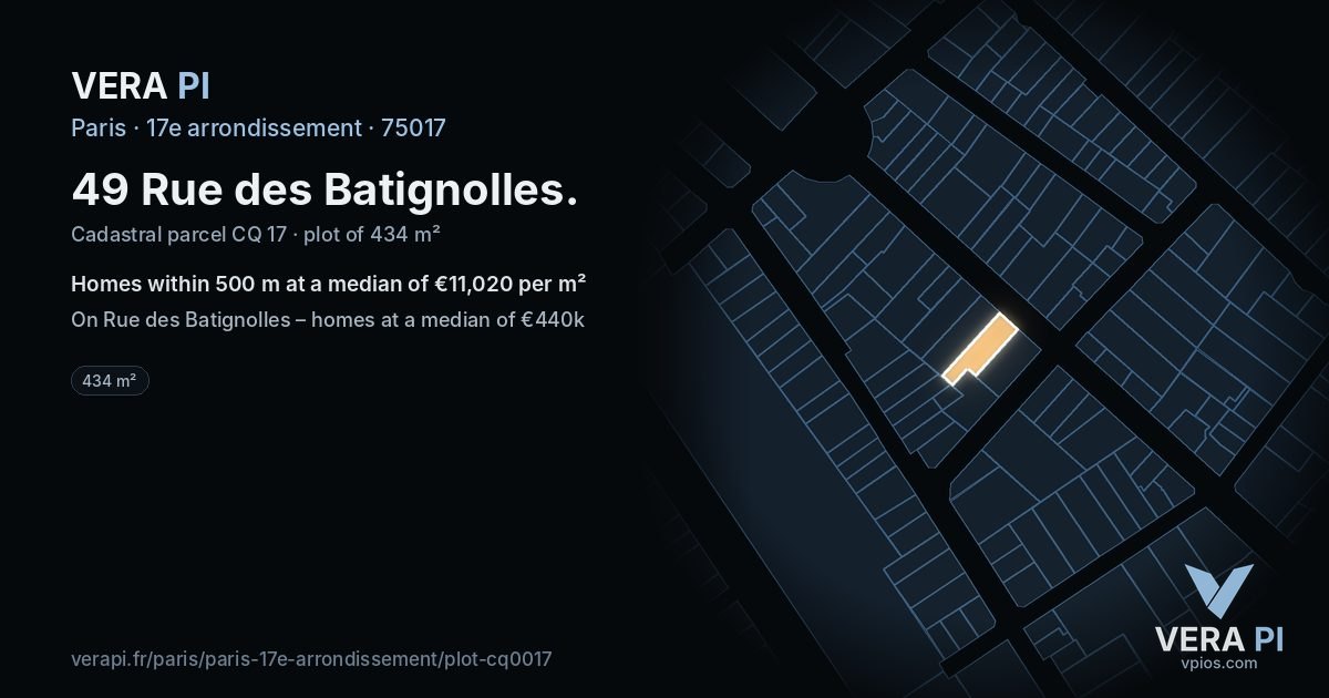 49 Rue des Batignolles, 17e arrondissement at night – the plot lit, the parcels around coloured by the prices near them