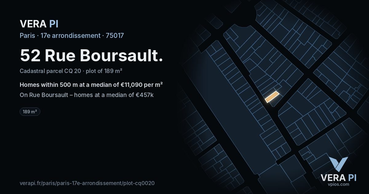 52 Rue Boursault, 17e arrondissement at night – the plot lit, the parcels around coloured by the prices near them
