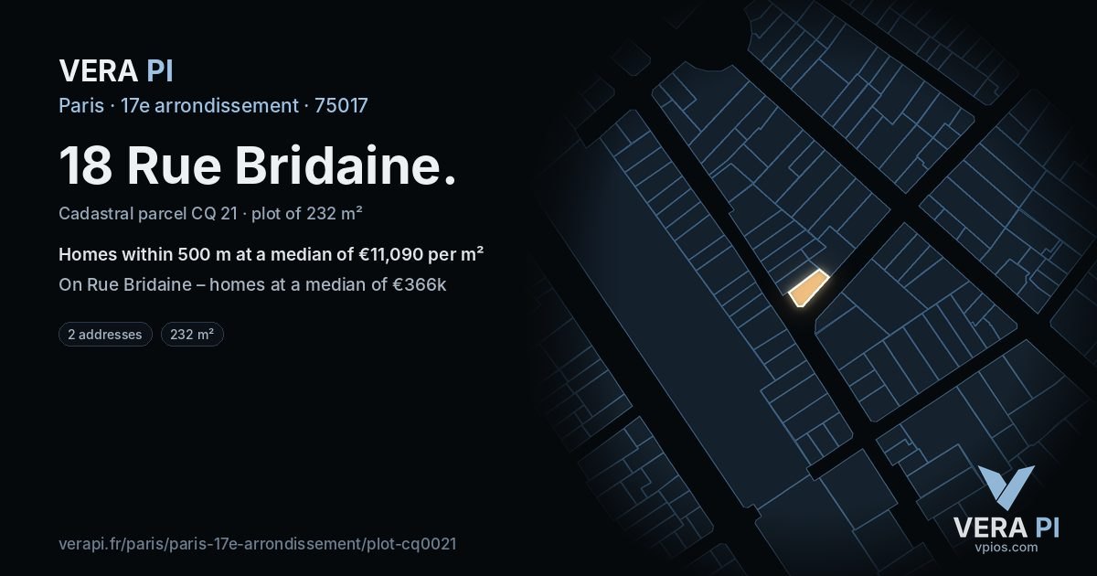 18 Rue Bridaine, 17e arrondissement at night – the plot lit, the parcels around coloured by the prices near them