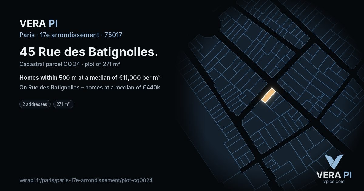 45 Rue des Batignolles, 17e arrondissement at night – the plot lit, the parcels around coloured by the prices near them