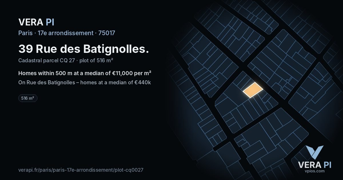 39 Rue des Batignolles, 17e arrondissement at night – the plot lit, the parcels around coloured by the prices near them