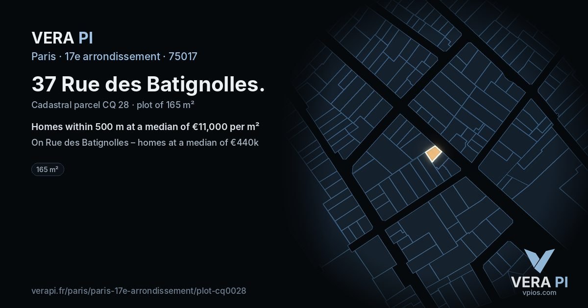 37 Rue des Batignolles, 17e arrondissement at night – the plot lit, the parcels around coloured by the prices near them