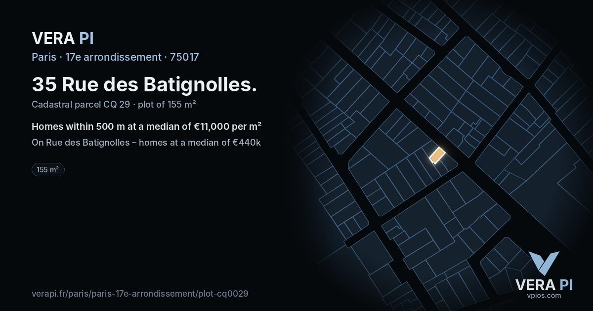 35 Rue des Batignolles, 17e arrondissement at night – the plot lit, the parcels around coloured by the prices near them
