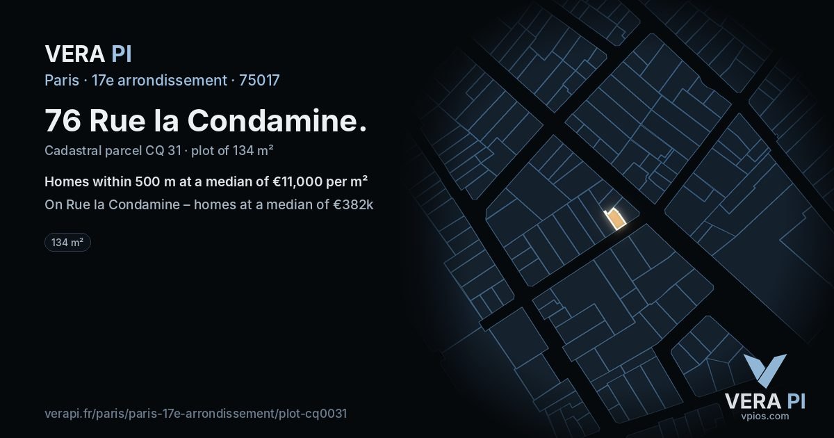 76 Rue la Condamine, 17e arrondissement at night – the plot lit, the parcels around coloured by the prices near them