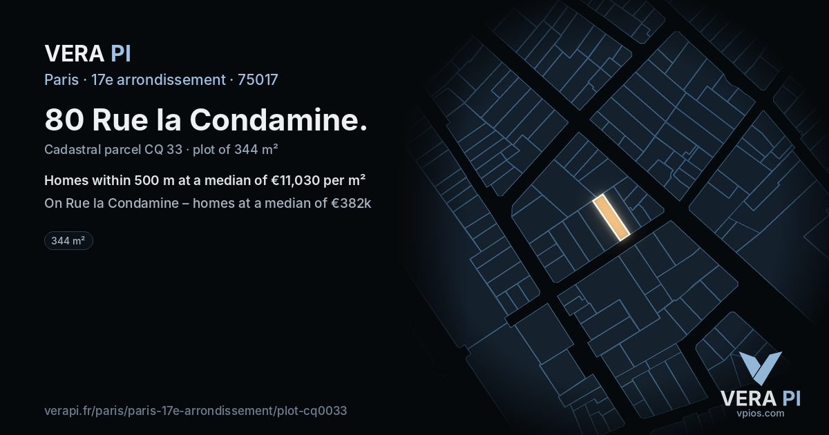 80 Rue la Condamine, 17e arrondissement at night – the plot lit, the parcels around coloured by the prices near them