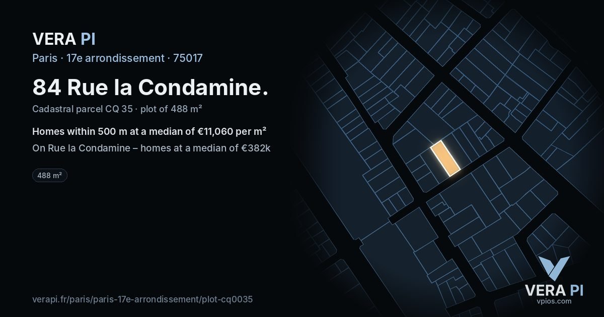 84 Rue la Condamine, 17e arrondissement at night – the plot lit, the parcels around coloured by the prices near them