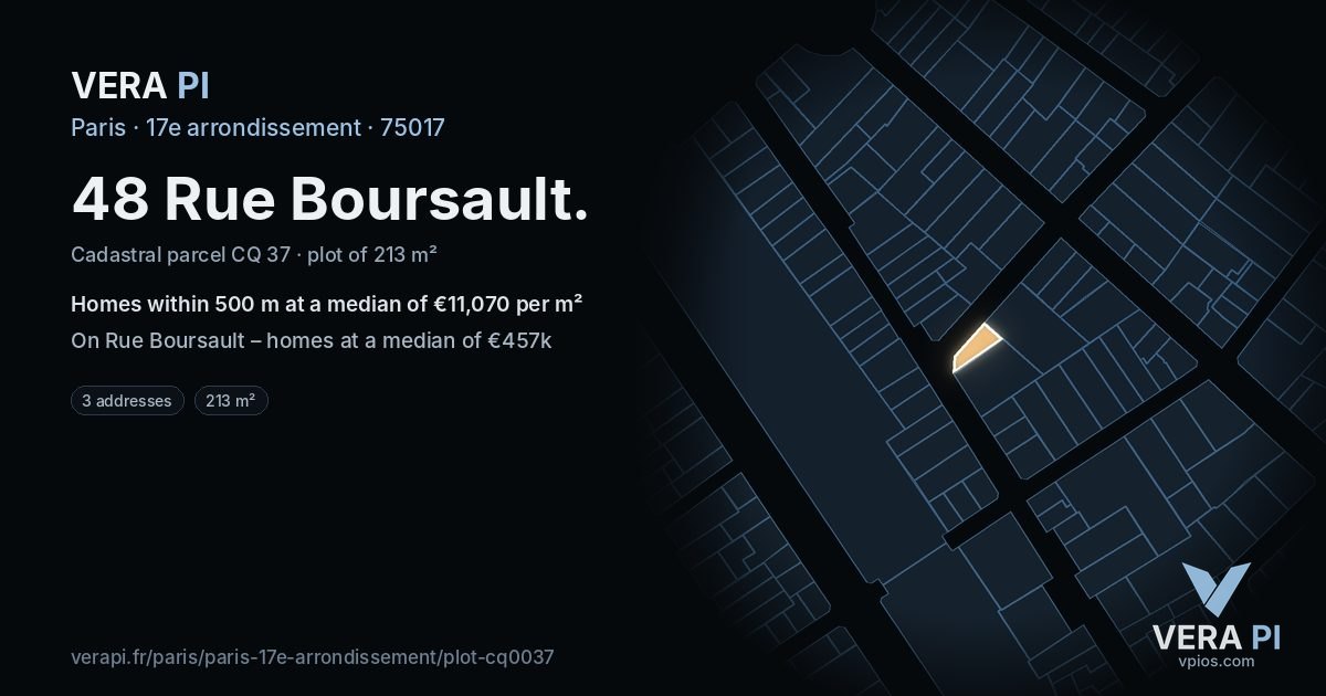 48 Rue Boursault, 17e arrondissement at night – the plot lit, the parcels around coloured by the prices near them