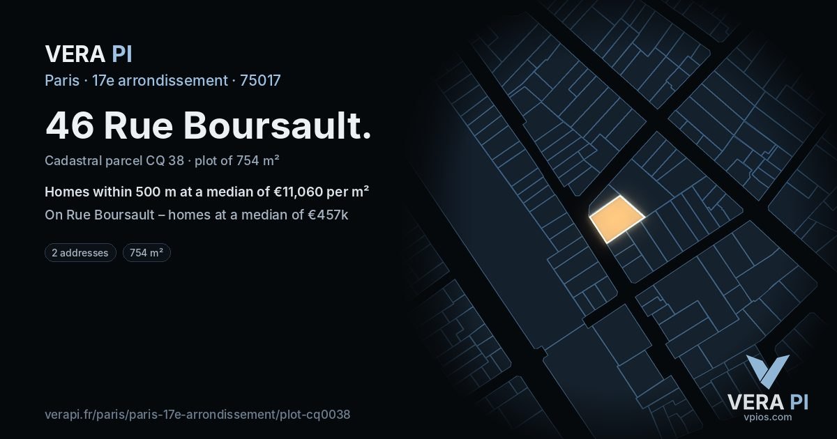 46 Rue Boursault, 17e arrondissement at night – the plot lit, the parcels around coloured by the prices near them