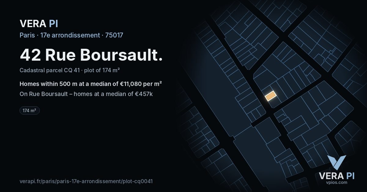 42 Rue Boursault, 17e arrondissement at night – the plot lit, the parcels around coloured by the prices near them