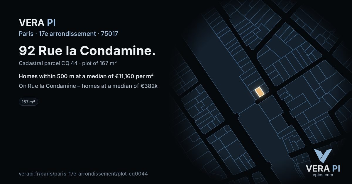 92 Rue la Condamine, 17e arrondissement at night – the plot lit, the parcels around coloured by the prices near them