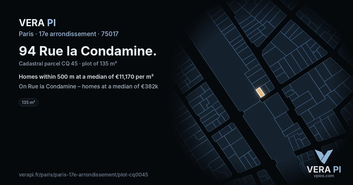 94 Rue la Condamine, 17e arrondissement at night – the plot lit, the parcels around coloured by the prices near them