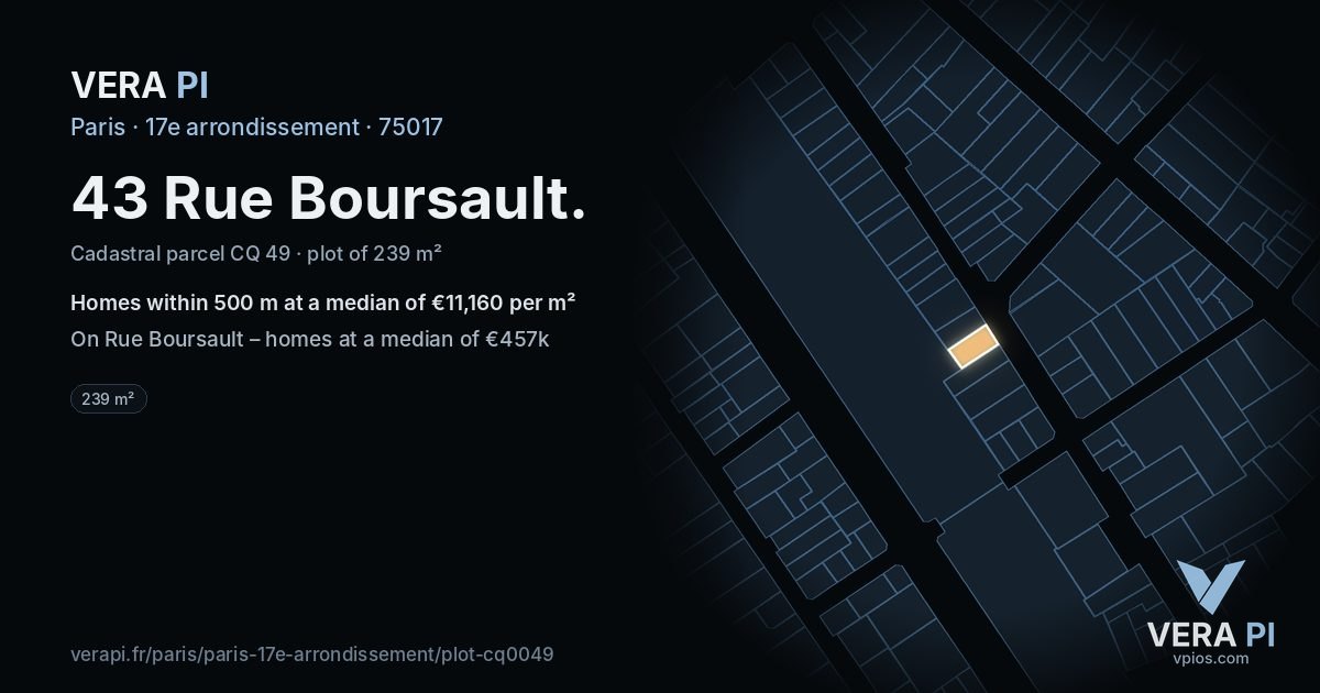 43 Rue Boursault, 17e arrondissement at night – the plot lit, the parcels around coloured by the prices near them