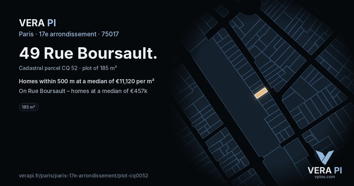 49 Rue Boursault, 17e arrondissement at night – the plot lit, the parcels around coloured by the prices near them