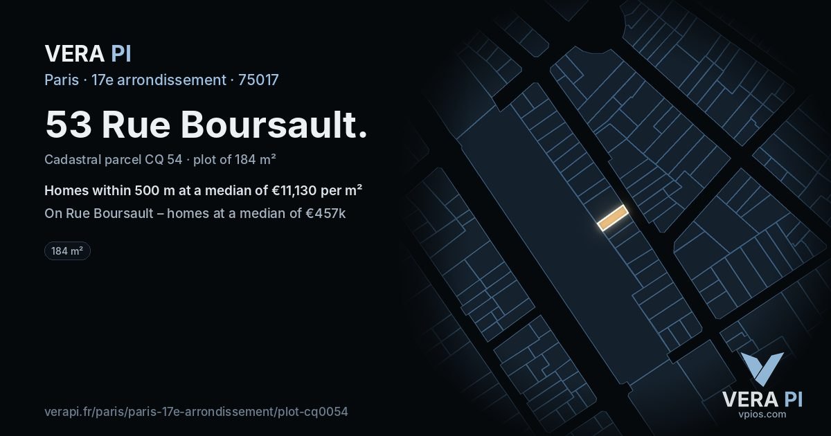 53 Rue Boursault, 17e arrondissement at night – the plot lit, the parcels around coloured by the prices near them