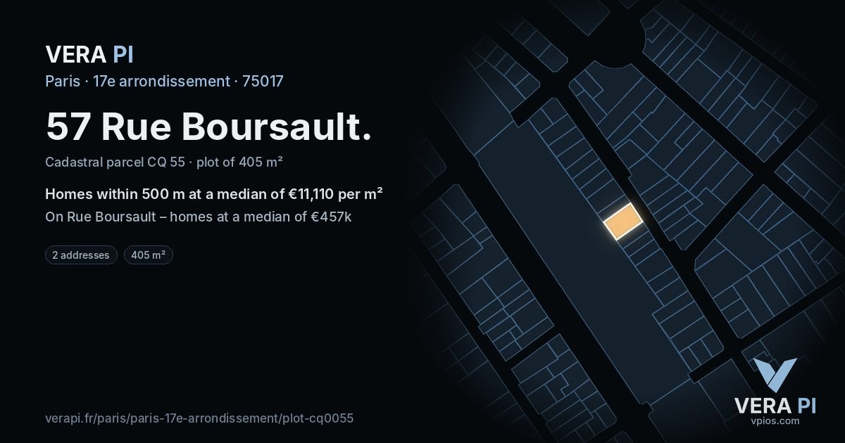 57 Rue Boursault, 17e arrondissement at night – the plot lit, the parcels around coloured by the prices near them