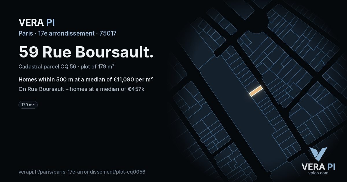 59 Rue Boursault, 17e arrondissement at night – the plot lit, the parcels around coloured by the prices near them