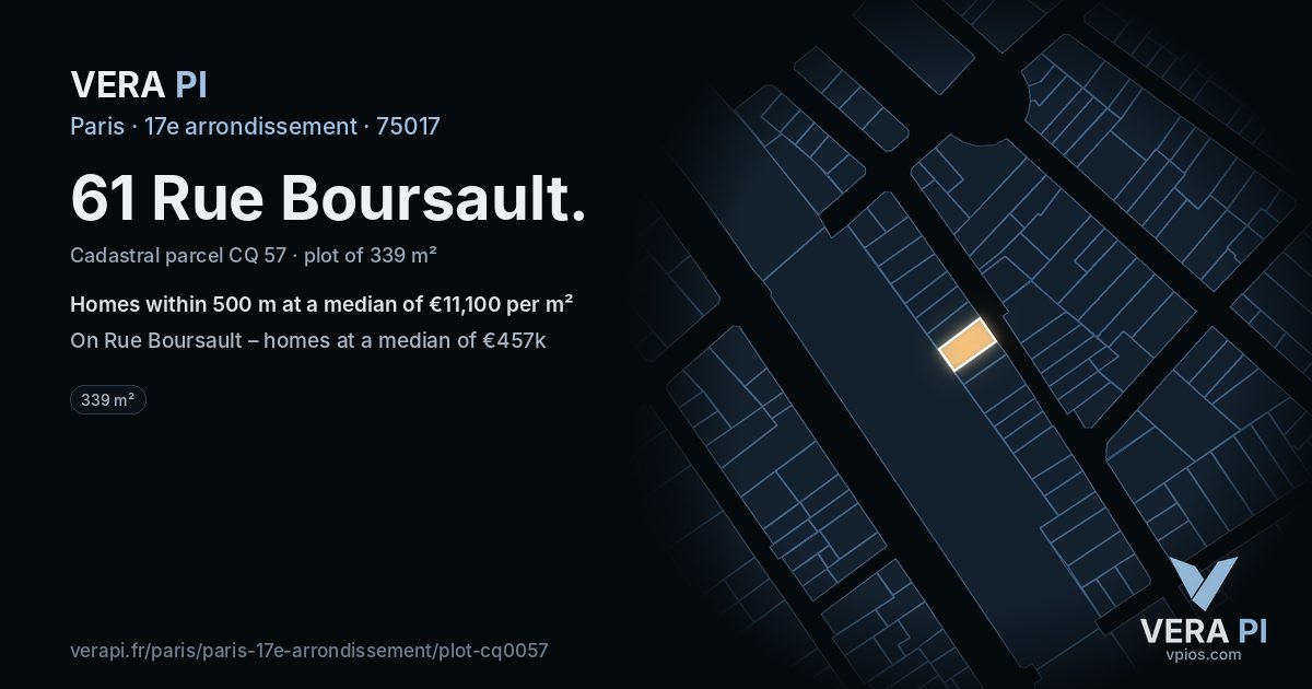 61 Rue Boursault, 17e arrondissement at night – the plot lit, the parcels around coloured by the prices near them
