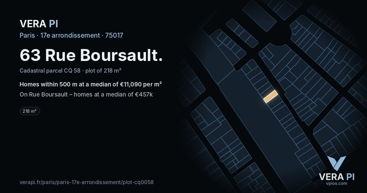 63 Rue Boursault, 17e arrondissement at night – the plot lit, the parcels around coloured by the prices near them