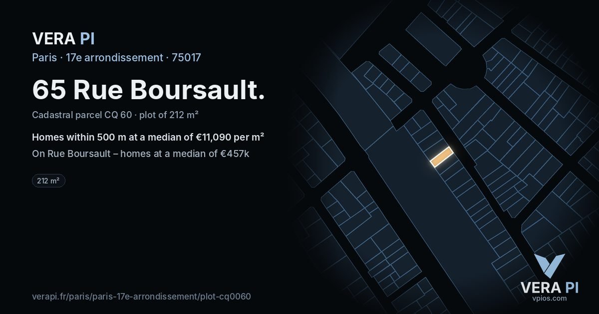 65 Rue Boursault, 17e arrondissement at night – the plot lit, the parcels around coloured by the prices near them