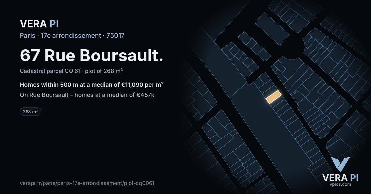67 Rue Boursault, 17e arrondissement at night – the plot lit, the parcels around coloured by the prices near them