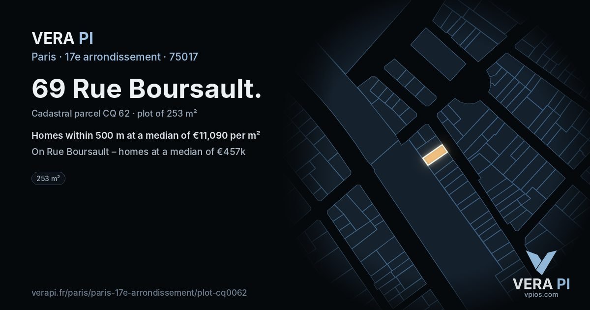 69 Rue Boursault, 17e arrondissement at night – the plot lit, the parcels around coloured by the prices near them