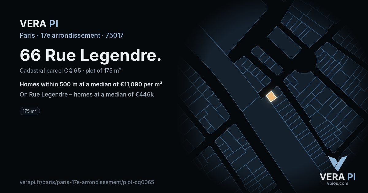 66 Rue Legendre, 17e arrondissement at night – the plot lit, the parcels around coloured by the prices near them