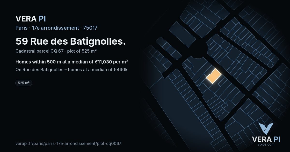 59 Rue des Batignolles, 17e arrondissement at night – the plot lit, the parcels around coloured by the prices near them