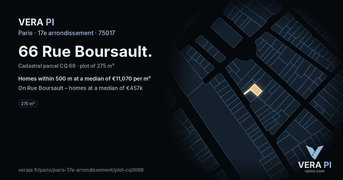 66 Rue Boursault, 17e arrondissement at night – the plot lit, the parcels around coloured by the prices near them