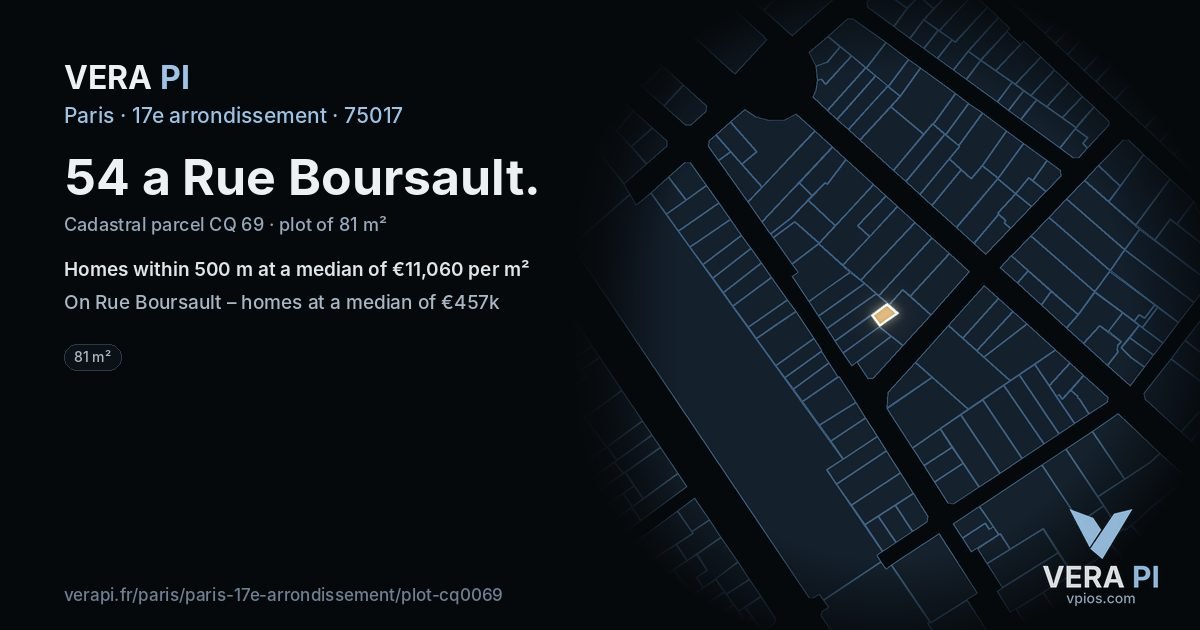 54 a Rue Boursault, 17e arrondissement at night – the plot lit, the parcels around coloured by the prices near them