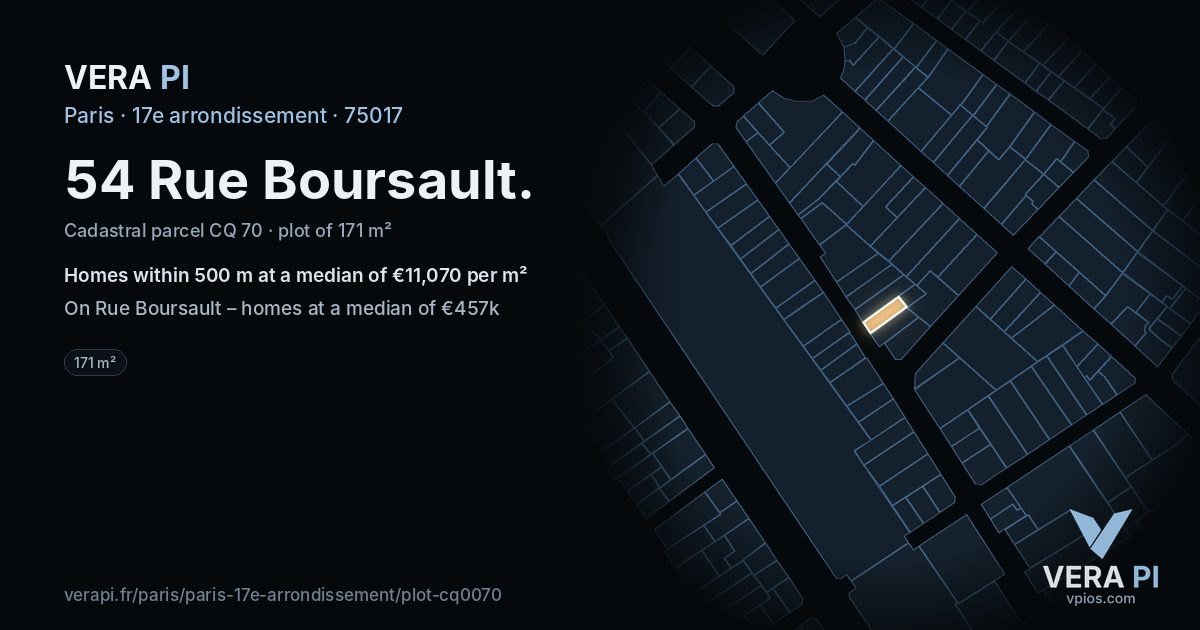 54 Rue Boursault, 17e arrondissement at night – the plot lit, the parcels around coloured by the prices near them